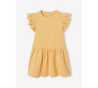 Girls' cotton gauze dress with short embroidered sleeves yellow