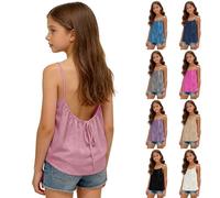 Girls Cotton Linen Camisole Tops Kids Boho Backless Tank Top Summer Adjustable Spaghetti Straps Beach Tshirts Loose Fit Sleeveless Breathable Lightweight Cami Clothes (Blue, 8-9 Years)