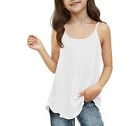 Girls Cotton Linen Camisole Tops Teens Cute Boho Tank Top Summer Loose Fit Solid Color Tee Sleeveless Lightweight Breathable T Shirts Rash Guard Beach Clothes (White, 12-13 Years)
