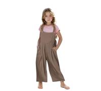 Girls' Cotton Linen Dungarees & Jumpsuits Sleeveless Strap Wide Leg Costume Casual Loose Solid Color Overalls One Piece Jumpsuit Pocket Summer Onesie Playsuit for Age 5-14 Years Coffee