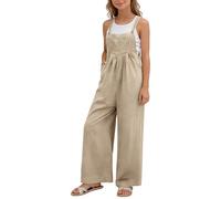 Girls Cotton Linen Dungarees Sleeveless Spaghetti Strap Baggy Overall Loose Plain Soft Pocket Jumpsuit Teen Girls Summer Casual Baggy UK Plazzo Pants (Beige, 12-13 Years)