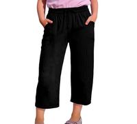 Girls Cotton Linen Pants Basic Plain Solid Cropped Pants Elastic High Waist Trousers with Drawstring Casual Straight Leg Cropped Trousers with Pockets Breathable Comfortable (Black, 12-13 Years)