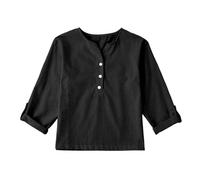 Girls Cotton Linen Shirts Long Sleeve V Neck Kids Plain Blouses Buttons Teen School Top Solid Color Lightweight Casual Loose Breathable Outdoor (Black, 13-14 Years)