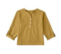 Girls Cotton Linen Shirts Long Sleeve V Neck Kids Plain Blouses Buttons Teen School Top Solid Color Lightweight Casual Loose Breathable Outdoor (Yellow, 11-12 Years)