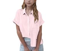 Girls Cotton Linen Shirts Roll Up Cuff Button Down Blouse Plain Oversized Loose Fit Tops Teens Kids Summer Short Sleeve T-Shirt Formal School Uniform Tee Casual Top T Shirts (Light Pink, 3-4 Years)