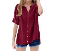 Girls Cotton Linen Tunic Shirt Button Up Long Sleeve Teens Summer Blouses V Neck Solid Color Loose Kids Plain Long Top Breathable Aesthetic Causal Tee (Wine, 12-13 Years)