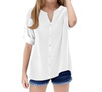 Girls Cotton Linen Tunic Shirt Button Up Long Sleeve Teens Summer Blouses V Neck Solid Color Loose Kids Plain Long Top Breathable Aesthetic Causal Tee (White, 7-8 Years)