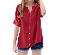 Girls Cotton Linen Tunic Shirt Button Up Long Sleeve Teens Summer Blouses V Neck Solid Color Loose Kids Plain Long Top Breathable Aesthetic Causal Tee (Red, 14-15 Years)