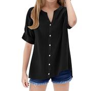 Girls Cotton Linen Tunic Shirt Button Up Long Sleeve Teens Summer Blouses V Neck Solid Color Loose Kids Plain Long Top Breathable Aesthetic Causal Tee (Black, 12-13 Years)