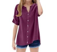 Girls Cotton Linen Tunic Shirt Button Up Long Sleeve Teens Summer Blouses V Neck Solid Color Loose Kids Plain Long Top Breathable Aesthetic Causal Tee (Watermelon Red, 12-13 Years)