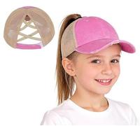 Girls Cotton Ponytail Baseball Cap Adjustable Mesh Trucker Hat Kids Breathable Sports Travel Beach Cap Sun Protection Hats Boys Flat Snapback Hat for Children Age 4-10 Years, Pink/White/Black/Green