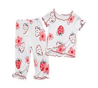 Girls Cotton Ribbed Knit Pyjamas Set Summer Baby Ruffle Trim Short Sleeve Shirt Long Pants Pjs Sleepwear 2 Piece Strawberry Floral Print Pajamas Nightwear Outfits (White, 5-7 Years)