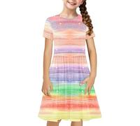 Girls Cotton Short Sleeve Summer Dress A-Line Swing Dress Casual Girls Party Dress Crew Neck Striped Dress Festive Party Dress Wedding Casual Children's Clothing 4-14 Years