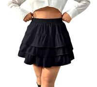 Girls Cotton Skirts Plain Ruffle Layered Skirt Elastic Waisted A-Line Skirts Basic Solid Color Dance Gathering Dress for Teen Kids Comfort Breathable Summer Dresses (Black, 10-11 Years)