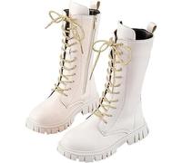 Girls Cowboy Boots Lace Up Riding Mid Calf Combat Boots Leather Waterproof Fall Winter Side Zipper Punk Goth Boot Cowgirl Fleece Lined Solid Fashion Punk Non Slip