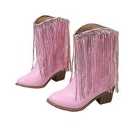 Girls Cowboy Boots with Sequins Tassel, Kids Stacked Chunky Heel Slip on Mid Calf Boots Dressy Comfort Fashion Casual School Shoes Girls Fall Winter Wide Calf Boot Indoor Outdoor