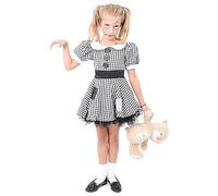 Girls Creepy Doll Costume - Black and White Checkered Dress with Frayed Hem and Patches - Scary Halloween Broken Ragdoll China Doll Costume