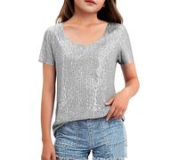 Girls' Crew Neck Sequins Tops Short Sleeves Sparkle Blouses, kids Elegant Twist Front Shimmer Glitter Tshirts Party Club wear Summer Beach Classic Casual Holiday 10 Years Silver