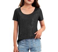 Girls' Crew Neck Sequins Tops Short Sleeves Sparkle Blouses, kids Elegant Twist Front Shimmer Glitter Tshirts Party Club wear Summer Beach Classic Casual Holiday 14 Years Black