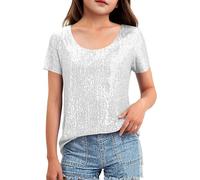 Girls' Crew Neck Sequins Tops Short Sleeves Sparkle Blouses, kids Elegant Twist Front Shimmer Glitter Tshirts Party Club wear Summer Beach Classic Casual Holiday 12 Years White