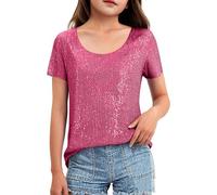 Girls' Crew Neck Sequins Tops Short Sleeves Sparkle Blouses, kids Elegant Twist Front Shimmer Glitter Tshirts Party Club wear Summer Beach Classic Casual Holiday 12 Years Hot Pink
