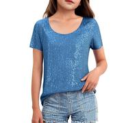 Girls' Crew Neck Sequins Tops Short Sleeves Sparkle Blouses, kids Elegant Twist Front Shimmer Glitter Tshirts Party Club wear Summer Beach Classic Casual Holiday 8 Years Sky Blue