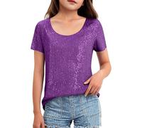 Girls' Crew Neck Sequins Tops Short Sleeves Sparkle Blouses, kids Elegant Twist Front Shimmer Glitter Tshirts Party Club wear Summer Beach Classic Casual Holiday 12 Years Purple