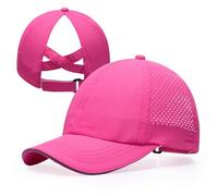 Girls Criss Cross Ponytail Hat Mesh Baseball Cap Kids Quick Dry Ponycap Hats Outdoor Summer Sports Hat Age 7-12, Mesh-rose Red, One Size