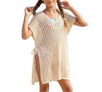 Girls Crochet Beach Cover Up for Pool Holiday Mesh Cut Out V Neck Short Sleeve Side-Tie Knitted Summer Poncho Lightweight Breathable Quick Dry Bikini Coverups for Seaside Days Beige