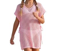 Girls Crochet Beach Cover Up for Pool Holiday Mesh Cut Out V Neck Short Sleeve Side-Tie Knitted Summer Poncho Lightweight Breathable Quick Dry Bikini Coverups for Seaside Days Pink