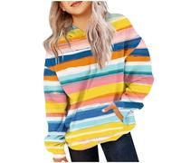 Girls Crop Sweatshirts Pullover Crewneck Oversized Zipper Up Pullover Toddler Clothes Stripe Printed Long Sleeves Tops Casual Fleece Jumper with Pocket Fall Winter Warm Sweatshirts Kids Hoodies