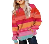 Girls Crop Sweatshirts Pullover Crewneck Oversized Zipper Up Pullover Toddler Clothes Stripe Printed Long Sleeves Tops Casual Fleece Jumper with Pocket Fall Winter Warm Sweatshirts Kids Hoodies