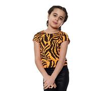 Girls Crop Top Zebra Print Animal Striped Stretch T-Shirt Summer Neon Tee Tops Neon Orange 13-14 Years