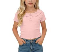 Girls Crop Tops Short Sleeve Peter Pan Collar Blouse Ribbed Knit Henley Button Placket Shirts Soft Breathable T Shirt Kids Fairy Tale Birthday Party Wear Pink 7 Years