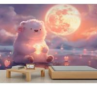 Girls Cute Bear Wallpaper Dreamy Moonlit Night Kids Wallpaper Nature Landscape Wall Mural Moon Wall Paper for Girls Bedroom Mural Poster for Kids Bedroom Living Room TV Background 200X140cm