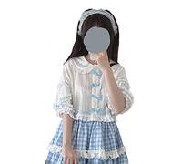 Girl's Cute Blouse Japanese Style Lantern Sleeve Shirt Tops Lolita Doll Collar Bowknot Ruffled Shirt (Blue)