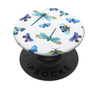 Girls Cute Bugs Dragonflies Moth Butterflies Blue On White PopSockets Grip and Stand for Phones and Tablets