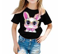 Girls Cute Bunny Short Sleeve T Shirts Loose Soft Crew Neck Funny Tees Tops Kids Girls Casual Comfy Bow Tie Dye Bunny Graphic Blouse Preppy Lightweight Pattern T Shirts (Black, 12-13 Years)