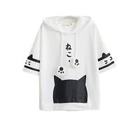 Girls’Cute Cat Print Japanese Short Sleeve Hoodie Kawaii Japanese Alphabet Long-Sleeved Pullover