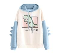 Girls’Cute Dinosaur Print Japanese Hoodie Kawaii Japanese Alphabet Long-Sleeved Pullover Blue