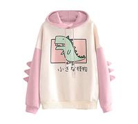 Girls’Cute Dinosaur Print Japanese Hoodie Kawaii Japanese Alphabet Long-Sleeved Pullover Pink