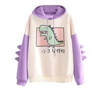 Girls’Cute Dinosaur Print Japanese Hoodie Kawaii Japanese Alphabet Long-Sleeved Pullover Purple