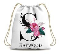 Girls Cute Floral Initial Drawstring Bag - Personalised Back to School Backpack for Kids - Swimming PE Balle Dance Gymnastic, White, One Size