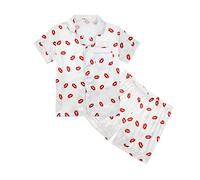 Girls Cute Pattern Short Sleeve Shorts Satin Pyjamas Set 2 Piece Button down Pajamas Baggy Lapel ilk Pjs Summer Cool Pink White Soft Nightwear Loungewear (White, 13-14 Years)