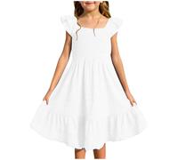Girls Cute Ruffle Sleeve Smocked Flowy Dress Summer Dresses Little Girls Casual Skater Swing Twirly Sun Outfit Toddler Princess Pleated Square Neck Thanksgiving Skirt (White, 13-14 Years)