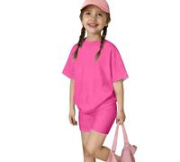 Girls Cute Summer 2 Piece Active Outfit Set, Short Sleeve Crew Neck Printed Tee, Elastic Waist Casual Shorts, Soft Light Separates for Kids and Teens Aged 1 to 12 Y(Hot Pink, 2-3 Years)