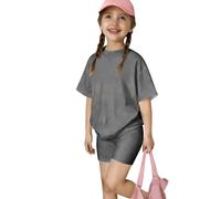 Girls Cute Summer 2 Piece Active Outfit Set, Short Sleeve Crew Neck Printed Tee, Elastic Waist Casual Shorts, Soft Light Separates for Kids and Teens Aged 1 to 12 Y(Dark Gray, 7-8 Years)