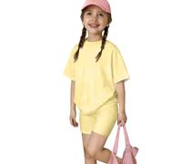 Girls Cute Summer 2 Piece Active Outfit Set, Short Sleeve Crew Neck Printed Tee, Elastic Waist Casual Shorts, Soft Light Separates for Kids and Teens Aged 1 to 12 Y(Light Yellow, 11-12 Years)