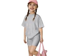 Girls Cute Summer 2 Piece Active Outfit Set, Short Sleeve Crew Neck Printed Tee, Elastic Waist Casual Shorts, Soft Light Separates for Kids and Teens Aged 1 to 12 Y(Grey, 9-10 Years)
