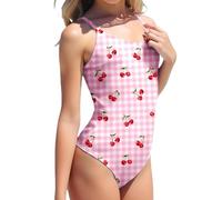 Girls Cute Swimsuit One-Piece Straps Swimming Costume Kids Cherry Plaid Beach Bathing Suit Tween Girl Holiday Beach Swimwear Summer Kawaii Swim Suits (Pink, 5-6 Years)